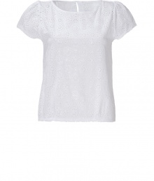 Sweet, delicate top in crisp white cotton is the perfect piece for summer fun - Romantic embroidered eyelets create a soft, feminine look that is polished but relaxed - Design features gentle scoop neck, cap sleeves and straight silhouette - Style for the office with a pencil skirt, cashmere cardigan and heels, or on the weekend with a breezy skirt, capris or cuffed denim shorts, and favorite flat sandals Sweet, delicate top in crisp white cotton is the perfect piece for summer fun - Romantic embroidered eyelets create a soft, feminine look that is polished but relaxed - Design features gentle scoop neck, cap sleeves and straight silhouette - Style for the office with a pencil skirt, cashmere cardigan and heels, or on the weekend with a breezy skirt, capris or cuffed denim shorts, and favorite flat sandals