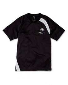 A crewneck T-shirt is designed for superior athletic performance in silky, moisture-wicking Coolmax® microfiber with a graphic print and paneled construction. A crewneck T-shirt is designed for superior athletic performance in silky, moisture-wicking Coolmax® microfiber with a graphic print and paneled construction.