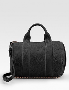 Pebbled leather satchel with ultra chic rows of metal feet and rose goldtone hardware for a dose of feminine glamour.Double top handles, 5 drop Shoulder strap, 18 drop Top zip closure Protective metal feet One inside zip pocket Nylon lining 9½W X 8½H X 4½D Imported Pebbled leather satchel with ultra chic rows of metal feet and rose goldtone hardware for a dose of feminine glamour.Double top handles, 5 drop Shoulder strap, 18 drop Top zip closure Protective metal feet One inside zip pocket Nylon lining 9½W X 8½H X 4½D Imported