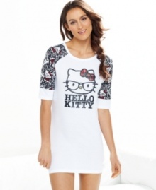 Snuggle up in this comfortable and fun Hello Kitty Nerds sleepshirt. A cute, nerdy Hello Kitty screen print adorns the front and is printed on the patterned sleeves. Snuggle up in this comfortable and fun Hello Kitty Nerds sleepshirt. A cute, nerdy Hello Kitty screen print adorns the front and is printed on the patterned sleeves.