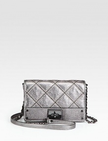 Traditional quilting adds lady-like style to this metallic leather shoulder bag in a compact size. Chain and metallic leather shoulder strap, 23¼ dropFlap closure with turn-lockOne inside zip pocketOne inside open pocketEight credit card slotsCotton lining7¾W X 5H X 1DImported Traditional quilting adds lady-like style to this metallic leather shoulder bag in a compact size. Chain and metallic leather shoulder strap, 23¼ dropFlap closure with turn-lockOne inside zip pocketOne inside open pocketEight credit card slotsCotton lining7¾W X 5H X 1DImported