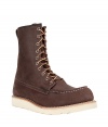 Stylish boots in dark brown suede leather - classic Work-Prairie-Boot by Red Wing which was worn by Steve McQueen at motorcycle races - very comfortable - high lacing - thick skid-free sole in typical color contrasting cream - perfect cool boots for fall and cold winter days - pairs with all casual outfits