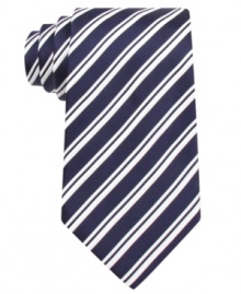Give a strong presentation of style skills with this boldly striped silk tie from Donald J. Trump. Give a strong presentation of style skills with this boldly striped silk tie from Donald J. Trump.