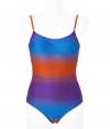 As stylish as it is sophisticated, La Perlas vibrant, viscose blend swimsuit is guaranteed to turn heads - Classic maillot cut in rich shades of deep orange, purple and blue - Underwire top offers flattering structure and support - Feminine and sexy, a must for your next getaway or for anytime spent poolside - Pair with a sheer caftan and wedges or leather sandals