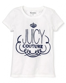 A plain white tee gets a style-centric update from Juicy featuring a fun curlicue logo detail on front. A plain white tee gets a style-centric update from Juicy featuring a fun curlicue logo detail on front.