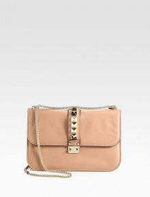 An elegant and radiant style with shiny pyramid stud accents on luxuriously smooth leather.Adjustable chain shoulder strap, 12½ or 20½ dropPush-lock flap closureOne inside zip pocketOne inside open pocketCotton lining11¾W X 7½H X 4DMade in Italy An elegant and radiant style with shiny pyramid stud accents on luxuriously smooth leather.Adjustable chain shoulder strap, 12½ or 20½ dropPush-lock flap closureOne inside zip pocketOne inside open pocketCotton lining11¾W X 7½H X 4DMade in Italy