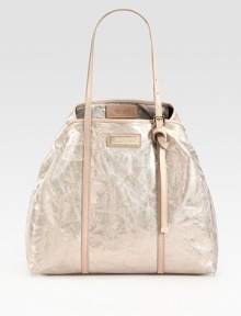 Sumptuous leather in a crushed mirror-like finish, perfectly sized for all your essentials.Leather shoulder straps, 7½ dropTop snap closureOne inside zip pocketSuede lining13½W X 11¾H X 6¼DMade in Italy Sumptuous leather in a crushed mirror-like finish, perfectly sized for all your essentials.Leather shoulder straps, 7½ dropTop snap closureOne inside zip pocketSuede lining13½W X 11¾H X 6¼DMade in Italy