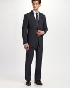 The essential navy suit, a timeless and forever elegant micro design. 98% wool/2% elastane. Dry clean. Made in Italy.JACKETTwo-button closure Notch lapel Chest ticket pocket Waist besom pockets Button cuffs Side vents Fully lined About 30 from shoulder to hemPANTSFlat front, belt loops Zip fly Lined to knee Quarter top pockets Side pockets Button back welt pockets Unfinished hem 