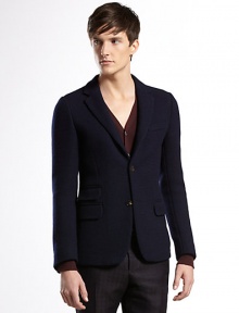 Caspian cable wool cardigan jacket with cotton piping on the interior.Two-button frontSingle chest, three flap pocketsHalf linedAbout 27.6 longWoolDry cleanMade in Italy