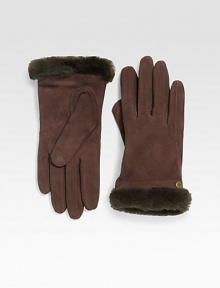 Keep your fingers toasty with this luxurious shearling-trimmed style. Dyed sheepskin shearlingSuedeCashmere linedAbout 9½ longSpecialist dry cleanImportedFur origin: Spain Keep your fingers toasty with this luxurious shearling-trimmed style. Dyed sheepskin shearlingSuedeCashmere linedAbout 9½ longSpecialist dry cleanImportedFur origin: Spain