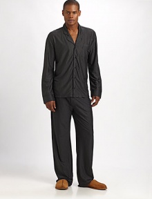 Two-piece set, in a luxurious blend of silk and cotton, is soft to the touch with a subtle sheen. 70% silk/30% cotton jersey. Hand wash. Imported.SHIRTButton frontChest pocketPANTSCovered elastic drawstring waistSingle back patch pocketInseam, about 32 Two-piece set, in a luxurious blend of silk and cotton, is soft to the touch with a subtle sheen. 70% silk/30% cotton jersey. Hand wash. Imported.SHIRTButton frontChest pocketPANTSCovered elastic drawstring waistSingle back patch pocketInseam, about 32