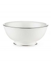 Beautiful and bridal-inspired, this white fruit bowl is richly textured with a delicate floral motif and raised, beaded accents. Finished with a band of polished platinum. Qualifies for Rebate