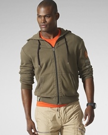 Light-as-air beach fleece is styled as a sporty layering essential with a full-zip front and a contoured hood. Light-as-air beach fleece is styled as a sporty layering essential with a full-zip front and a contoured hood.