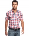 More rugged rodeo the Rodeo Drive. This western plaid shirt from Marc Ecko Cut & Sew puts some muscle into your casual wardrobe.