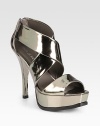 Polished metallic leather with an island platform, back zipper and sky-high heel. Self-covered heel, 5 (125mm)Island platform, 2 (50mm)Compares to a 3 heel (75mm)Metallic leather upperLeather liningRubber solePadded insoleImported