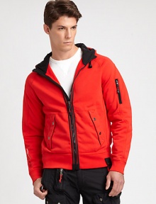 A sporty classic is reinterpreted in soft compact fleece for this vibrant jacket with utility pockets and an attached wind-guard hood.Zip frontAttached drawstring hoodFront slash pocketsZippered pocket at sleeveBanded cuffs and hem72% cotton/28% polyesterMachine washImported A sporty classic is reinterpreted in soft compact fleece for this vibrant jacket with utility pockets and an attached wind-guard hood.Zip frontAttached drawstring hoodFront slash pocketsZippered pocket at sleeveBanded cuffs and hem72% cotton/28% polyesterMachine washImported