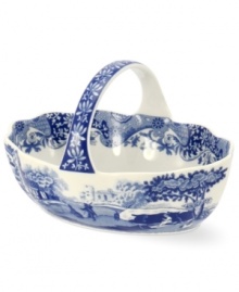 With a quaint country scene and the Imari Oriental border of Spode's Blue Italian dinnerware, this porcelain basket lends distinct old-world charm to traditional tables. With a quaint country scene and the Imari Oriental border of Spode's Blue Italian dinnerware, this porcelain basket lends distinct old-world charm to traditional tables.