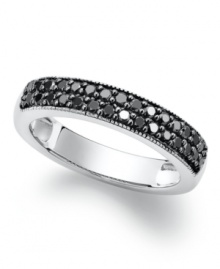 Sweet, stackable sparkle. Round-cut black diamonds (1/2 ct. t.w.) adorn the surface of this chic ring. Set in sterling silver. Size 7. Sweet, stackable sparkle. Round-cut black diamonds (1/2 ct. t.w.) adorn the surface of this chic ring. Set in sterling silver. Size 7.