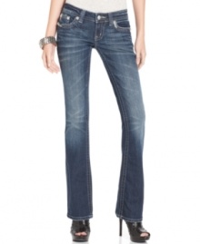 Embroidery details and rhinestone rivets at the back-flap pockets add eye-catching appeal to these Miss Me bootcut jeans -- perfect for hot everyday style! Embroidery details and rhinestone rivets at the back-flap pockets add eye-catching appeal to these Miss Me bootcut jeans -- perfect for hot everyday style!
