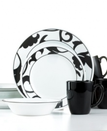 More than meets the eye, the Noir dinnerware set boasts exceptional durability in addition to style. A magnified scroll motif offers a modern twist on a traditional pattern for an elegant look that's entirely timeless. From Corelle Lifestyles. More than meets the eye, the Noir dinnerware set boasts exceptional durability in addition to style. A magnified scroll motif offers a modern twist on a traditional pattern for an elegant look that's entirely timeless. From Corelle Lifestyles.