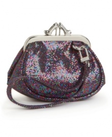 Grab your strappy heels and hit the club! This glam take on the frame wristlet features a stiletto-heels ornament, hot-hued croc embossing and a trendsetting silhouette. Grab your strappy heels and hit the club! This glam take on the frame wristlet features a stiletto-heels ornament, hot-hued croc embossing and a trendsetting silhouette.