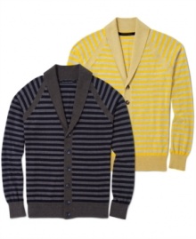 This season, when you want to cover the territory between casual and tailored, you're going to find yourself topping things off with a shawl-collared sweater. Sean John's take on the trend: A button-front cardigan with retro raglan seaming and crisp all-over stripes.