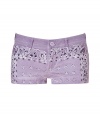 Stylish mini shorts in fine lilac cotton - Chic floral and paisley bandana-style print - Cool and comfortable, thanks to a touch of stretch - Front and back pockets, belt loops and button closure - A perfect pairing of sexy and casual great for everyday - Style with an oversize cardigan or pullover, opaque tights and ankle boots