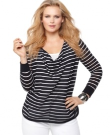 Look stunning in stripes with MICHAEL Michael Kors' long sleeve plus size sweater, accented by a draped neckline. Look stunning in stripes with MICHAEL Michael Kors' long sleeve plus size sweater, accented by a draped neckline.