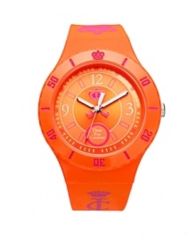 Sun-drenched with bold color and fearless style: the Taylor watch by Juicy Couture. Crafted of orange synthetic jelly bracelet with pink printed logo and round plastic case with pink numerals and crown logo at bezel. Orange dial features white numerals at three, nine and twelve o'clock, pink stick indices, minute track, Watch Your Couture at six o'clock, crown logo at center and three luminous hands. Quartz movement. Water resistant to 30 meters. Two-year limited warranty.