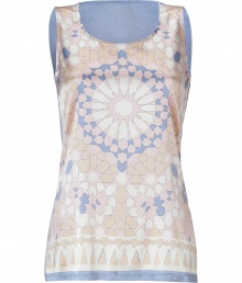 Work a graphic edge into your romantic warm weather separates with Steffen Schrauts pastel printed silk tank top - Scoop neckline, thick straps, solid periwinkle back - Loosely fitted - Wear with bright white skinnies and chunky gold jewelry