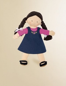 Soft and sweet, this jersey knit doll with yarn hair comes with a removable denim outfit and Mary Janes for lots of dressing fun. 18 high Polyester Imported Recommended for ages 3 and up Soft and sweet, this jersey knit doll with yarn hair comes with a removable denim outfit and Mary Janes for lots of dressing fun. 18 high Polyester Imported Recommended for ages 3 and up