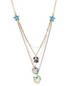 Sweet sea life adorns this darling multi-row pendant necklace from Betsey Johnson. Embellished with a turquoise starfish charm, blue fish with gold tone details and crystal accents, blue crab with gold tone details and crystal accents and crystal-faceted heart with blue-colored accents. Crafted in antique gold tone mixed metal. Approximate length: 16 inches + 3-inch extender. Approximate drop: 3-1/4 inches.