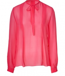 Fabulous blouse in fine silk - Deliciously rich pink hue - Gently narrowed waist for a feminine silhouette that still brings movement - Rounded neck with dainty tie, long sleeves, buttoned cuffs - Style for the office with a flattering pencil skirt and stilettos