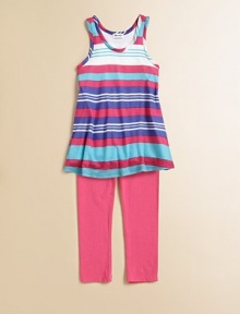Colorful stripes adorn an oh-so-easy tunic-length tank paired with solid color leggings for one of her favorite looks.Scoop necklineSleevelessSlight cutaway shouldersSubtly flared shapeElastic-waist solid leggingsMicro modalMachine washMade in USATop; pattern varies Colorful stripes adorn an oh-so-easy tunic-length tank paired with solid color leggings for one of her favorite looks.Scoop necklineSleevelessSlight cutaway shouldersSubtly flared shapeElastic-waist solid leggingsMicro modalMachine washMade in USATop; pattern varies