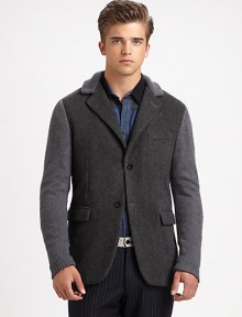 A modern and innovative approach to tailored dressing, this two-button design brings together the style and structure of a classic blazer and knit cardigan, impeccably shaped in a wool and cashmere blend, for a finished look that is both refined and relaxed.Button-frontChest welt, waist flap pocketsRibbed knit collar and cuffs95% wool/5% cashmereDry cleanMade in Italy A modern and innovative approach to tailored dressing, this two-button design brings together the style and structure of a classic blazer and knit cardigan, impeccably shaped in a wool and cashmere blend, for a finished look that is both refined and relaxed.Button-frontChest welt, waist flap pocketsRibbed knit collar and cuffs95% wool/5% cashmereDry cleanMade in Italy