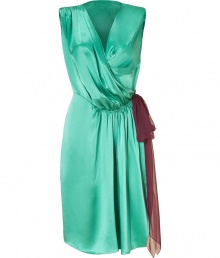 Glistening in luxurious mint-green silk satin, this dress has an elegant look that is impossible to ignore - Features a v-neck wrap dress effect, decorative gathering at the shoulder and waist-enhancing side tie of contrasting chiffon - Fitted darts at back - Thigh-length - Trendy, cool dress is perfect for the office or summer evening events when paired with peep-toe heels or platform sandals