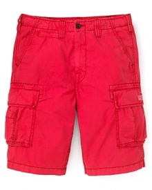 Featuring an on-trend burst of bright color, these casual cargo shorts ring in the season of warm weather with a bang. Featuring an on-trend burst of bright color, these casual cargo shorts ring in the season of warm weather with a bang.