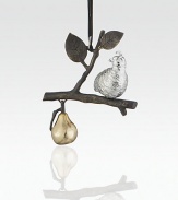 A silvery partridge perches on a delicate branch and gazes at a golden pear in a charming illustration of this beloved holiday setting.HandmadeSilverplated, goldplated and oxidizedAbout 5.5H X 4.25W X 1.75DImported