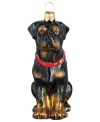 Just begging for a home, this rottweiler ornament has puppy dog eyes and a beautiful coat in hand-painted glass by Joy to the World.