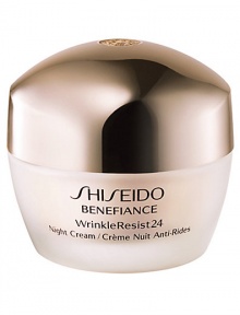 An age-defying nighttime moisturizer that intensively addresses lines and wrinkles before they become more serious. Offers visible reduction in the appearance of wrinkles and helps promote silky smooth skin condition while encouraging recovery by morning. Newly reformulated, Shiseido Benefiance WrinkleResist24 targets every step of wrinkle formation for youthful looking skin that can resist signs of aging. An age-defying nighttime moisturizer that intensively addresses lines and wrinkles before they become more serious. Offers visible reduction in the appearance of wrinkles and helps promote silky smooth skin condition while encouraging recovery by morning. Newly reformulated, Shiseido Benefiance WrinkleResist24 targets every step of wrinkle formation for youthful looking skin that can resist signs of aging.