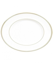 Serve with the impeccable style of Vera Wang. This serving platter shines with a textured band of golden grosgrain along the edge. Perfect for side dishes or smaller main courses. Serve with the impeccable style of Vera Wang. This serving platter shines with a textured band of golden grosgrain along the edge. Perfect for side dishes or smaller main courses.