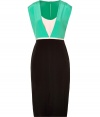 Bring effortless style to your cocktail look with this colorblock silk dress from Tibi - V-neck with contrasting white underlay, slim waistband, slim pencil skirt, concealed back zip closure - Wear with platform booties and a studded clutch