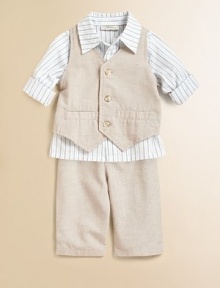Your little man will look all grown up in this sophisticated set that includes a classic vest, striped shirt and matching pants for a polished ensemble. Vest V-neckSleevelessButton front Shirt Shirt collarLong sleevesButton front Pants Elastic waistbandShirt & Vest: CottonPants: 78% cotton/22% linenMachine washImported Please note: Number of buttons may vary depending on size ordered. Your little man will look all grown up in this sophisticated set that includes a classic vest, striped shirt and matching pants for a polished ensemble. Vest V-neckSleevelessButton front Shirt Shirt collarLong sleevesButton front Pants Elastic waistbandShirt & Vest: CottonPants: 78% cotton/22% linenMachine washImported Please note: Number of buttons may vary depending on size ordered.