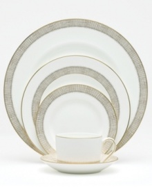 Like fine mesh ribbons, a crisscross of gold bands with platinum accents create this delightfully rustic dinnerware pattern. Gilded Weave place settings are a beautiful way to bring homespun charm to formal events or exquisite style to every meal. Like fine mesh ribbons, a crisscross of gold bands with platinum accents create this delightfully rustic dinnerware pattern. Gilded Weave place settings are a beautiful way to bring homespun charm to formal events or exquisite style to every meal.