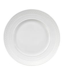 Full of history, Intaglio dinner plates from Wedgwood feature modern bone china embossed with geometric motifs from the Georgian era. Full of history, Intaglio dinner plates from Wedgwood feature modern bone china embossed with geometric motifs from the Georgian era.