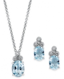 Beautiful in blue. This sterling silver jewelry set from Victoria Townsend dazzles with light blue topaz (7-1/2 ct. t.w.) and glistening diamond accents. Approximate length (necklace): 18 inches. Approximate drop (pendant): 1/2 inch. Approximate drop (earrings): 1/2 inch. Beautiful in blue. This sterling silver jewelry set from Victoria Townsend dazzles with light blue topaz (7-1/2 ct. t.w.) and glistening diamond accents. Approximate length (necklace): 18 inches. Approximate drop (pendant): 1/2 inch. Approximate drop (earrings): 1/2 inch.
