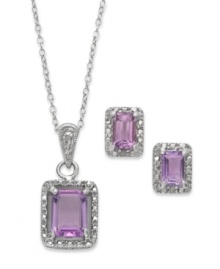 Brighten your day with sparkling hues. Victoria Townsend's pretty matching jewelry set features chic, emerald-cut amethyst (2-3/4 ct. t.w.) and diamond accents in sterling silver. Approximate length: 18 inches. Approximate drop (pendant) 7/8 inch. Approximate drop length (earrings): 3/8 inch. Approximate drop width (earrings): 1/4 inch. Brighten your day with sparkling hues. Victoria Townsend's pretty matching jewelry set features chic, emerald-cut amethyst (2-3/4 ct. t.w.) and diamond accents in sterling silver. Approximate length: 18 inches. Approximate drop (pendant) 7/8 inch. Approximate drop length (earrings): 3/8 inch. Approximate drop width (earrings): 1/4 inch.
