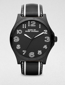 A bold style in blackened stainless steel and supple leather. Quartz movementWater resistant to 5 ATMRound blackened stainless steel case, 43mm (1.7)Logo accented bezelBlack dialNumeric hour markersSecond hand Printed black leather strapImported A bold style in blackened stainless steel and supple leather. Quartz movementWater resistant to 5 ATMRound blackened stainless steel case, 43mm (1.7)Logo accented bezelBlack dialNumeric hour markersSecond hand Printed black leather strapImported