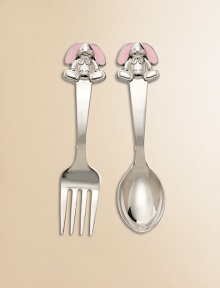From the Gingham Bunny Collection. This 2-pc. set features a 3-dimensional bunny, complete with pink enameled ears.Includes 4.5 fork and spoonTarnish-resistant nickel-plateElegantly packaged for gift-givingImported From the Gingham Bunny Collection. This 2-pc. set features a 3-dimensional bunny, complete with pink enameled ears.Includes 4.5 fork and spoonTarnish-resistant nickel-plateElegantly packaged for gift-givingImported