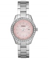 With a classic steel structure, this glitzy Fossil watch amps up the style with a hot pink dial and stone accents.